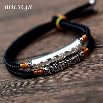

BOEYCJR 999 Silver Buddhism Runes Bangles & Bracelets Fine Jewelry Handmade Braided Rope Energy Bracelet for Men