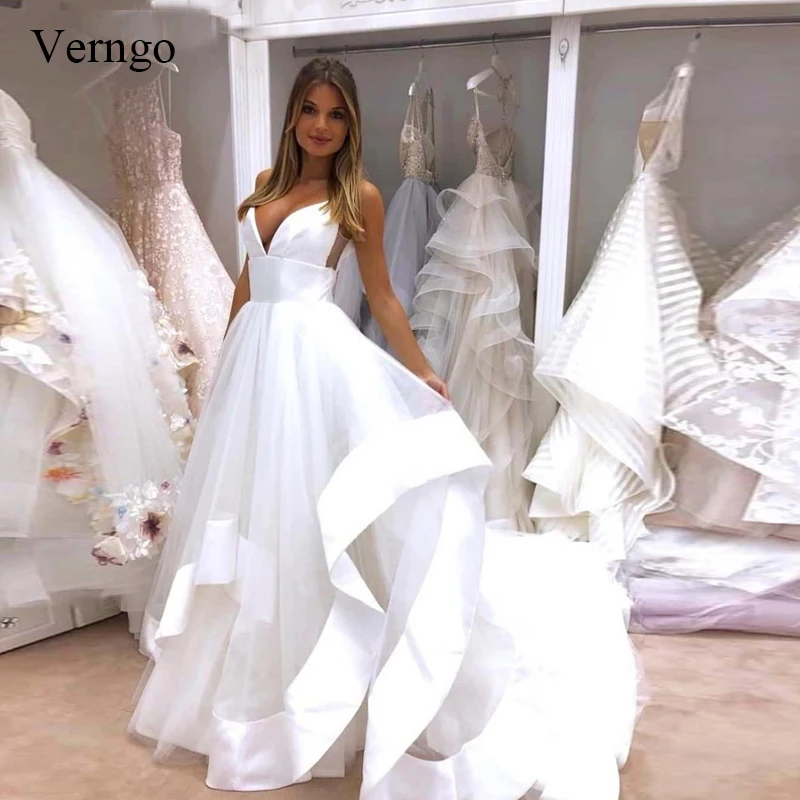 

Sexy Spaghetti Straps Open Back Cheap Wedding Dress 2019 White Satin Ruffles Puffy Tulle Beach Bridal Gowns Vestidos De Noiva