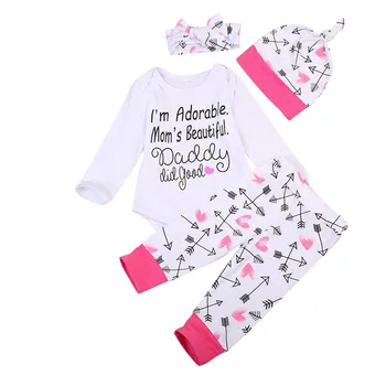 

Autumn Winter Cute Newborn Baby Girls Clothes Cotton Tops Long Sleeve Romper Leggings Pants Hat Outfits Set 4pcs