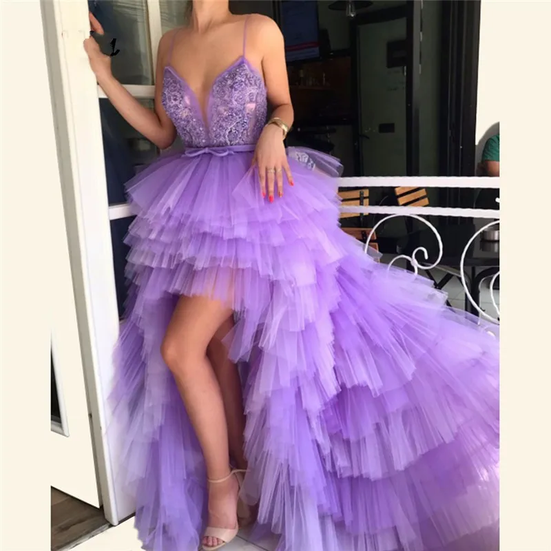 

robe de soiree Tiered Evening Dress Beaded vestido de festa longo Tulle Party Gown Spaghetti Hi Low Evening Dresses Off Shoulder