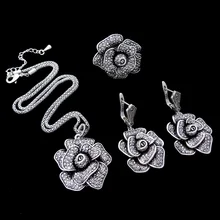 HENSEN Plata Antigua Plateó la Joyería de Moda de Cristal Negro Collar de la Declaración Grande de La Flor Set Sistemas de La Joyería de La Vendimia Para Las Mujeres