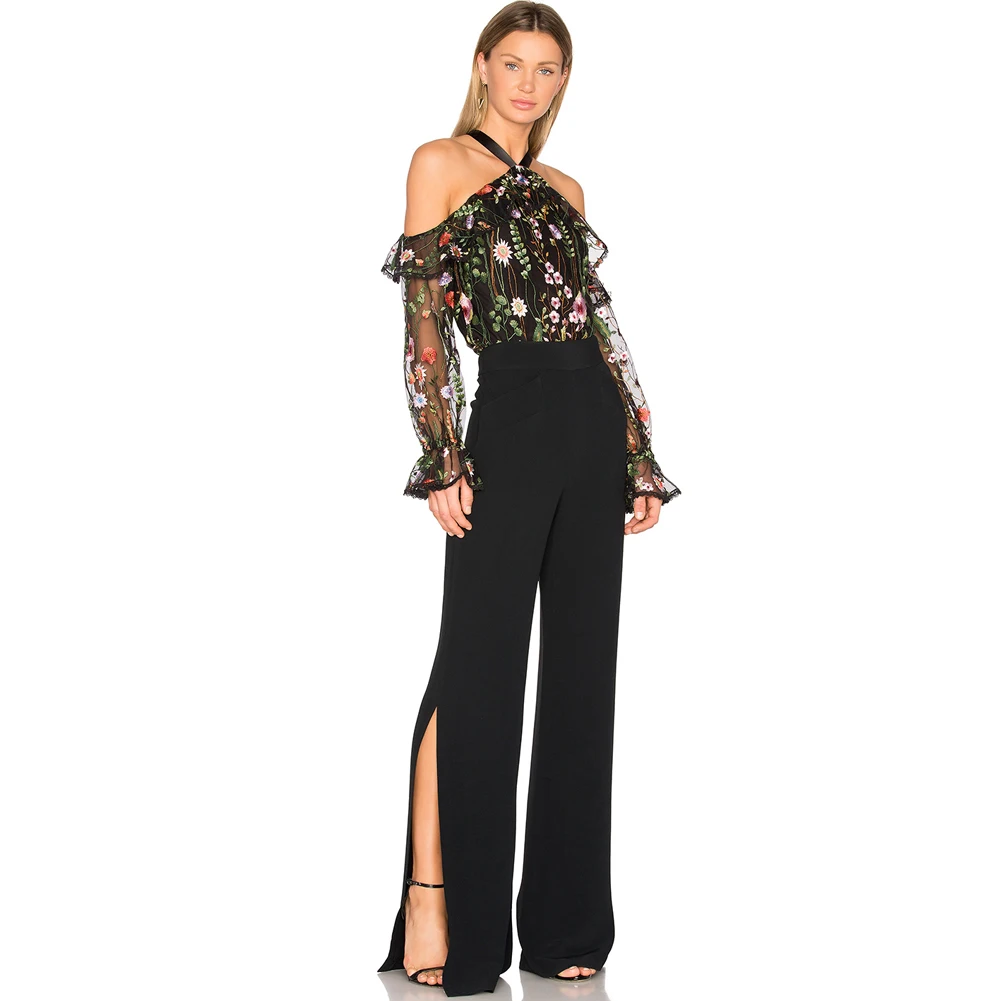 2019 Sexy Mujer Top bordado Floral hombro Tie Halter manga camisa transparente negro Ropa de Mujer 2019 Sexy Mujer Top bordado Floral hombro Tie Halter manga camisa transparente negro Ropa de Mujer
