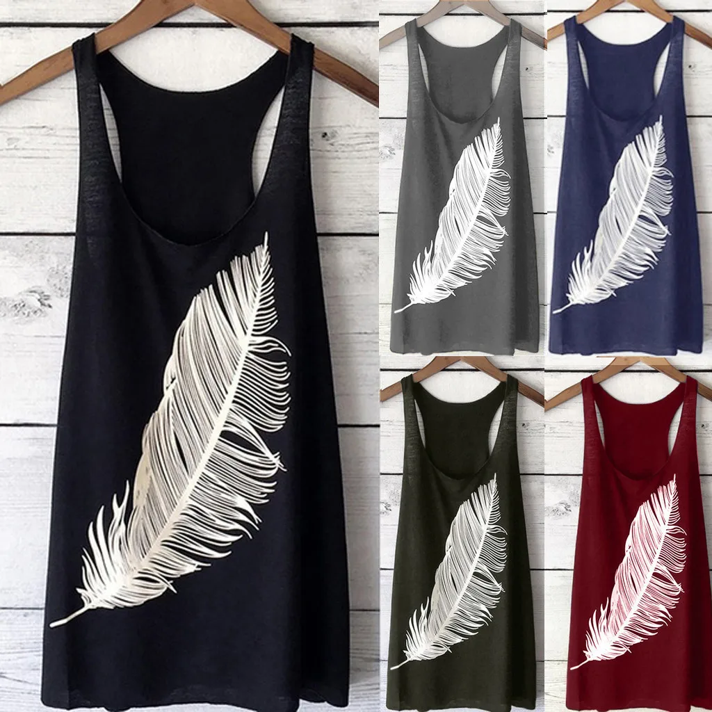 

2019 Casual Sexy Girl Solid Top Women's Summer Feather Print Long Vest Fashion Ladies Top Outdoorwear Shirt Femme Top L0708