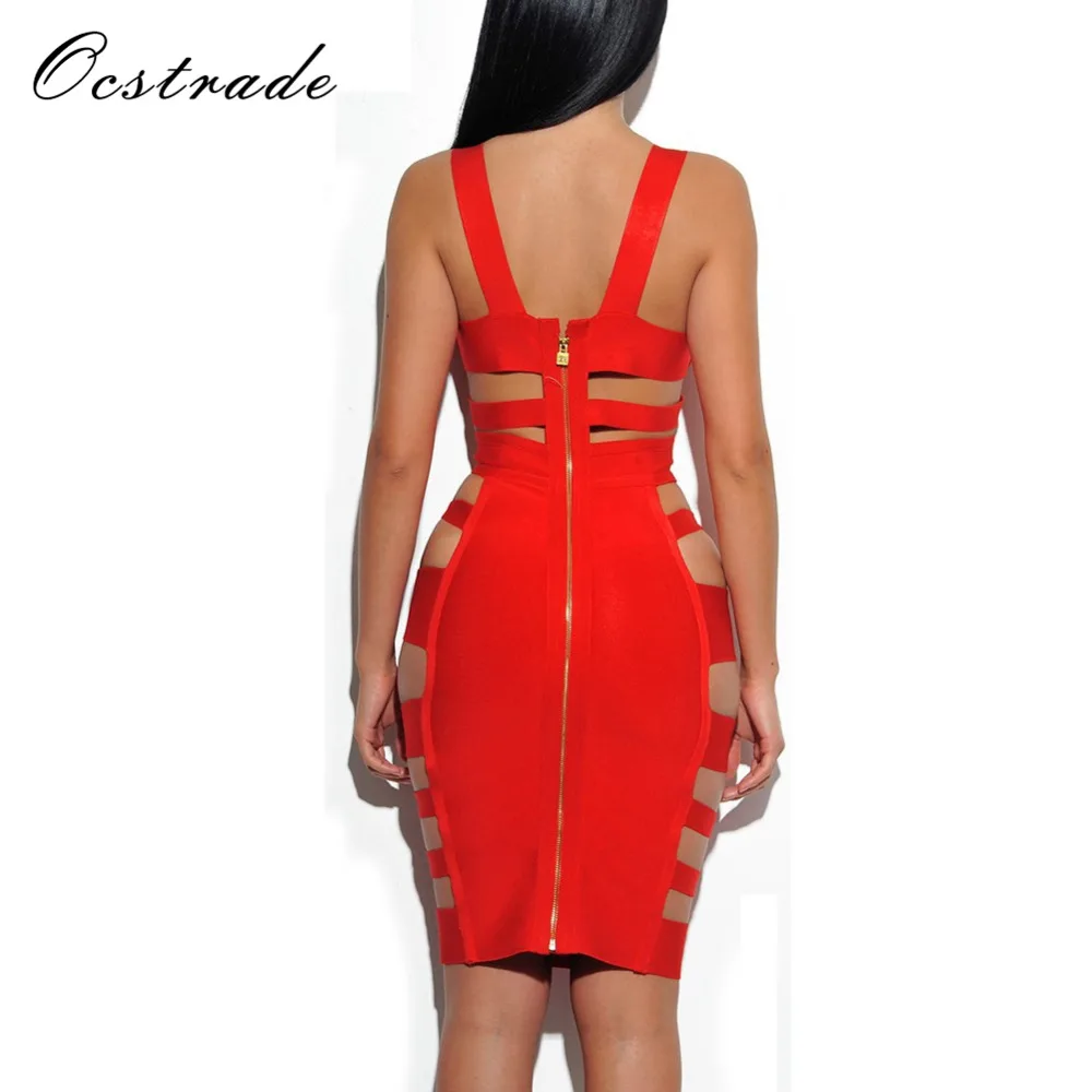 Ocstrade, новинка, женское платье в европейском стиле, красное платье с глубоким v-образным вырезом, сексуальное облегающее женское Клубное Бандажное платье, открытое черное платье