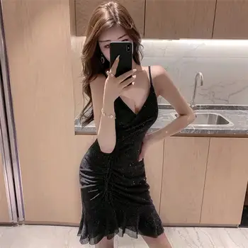 

Real shot 2019 new fashion women's sequins drawstring sexy nightclub V-neck Slim ruffled strap dress
