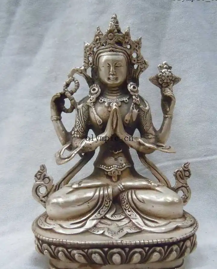 

China silver carved finely beautiful four arm Kwan-yin buddha Sculpture statue