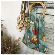 YILE с принтом из хлопка и льна Экологичная для шоппинга с ручкой сумка круглая бамбуковая ручка CY0829