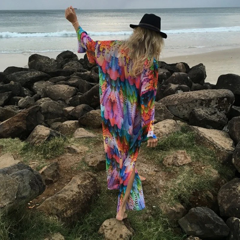 

Beach Dress Summer Woman 2019 Long Sleeve Printed Looose Dress Ladies Holiday Feather Print Chiffon Sexy Dress Vestido
