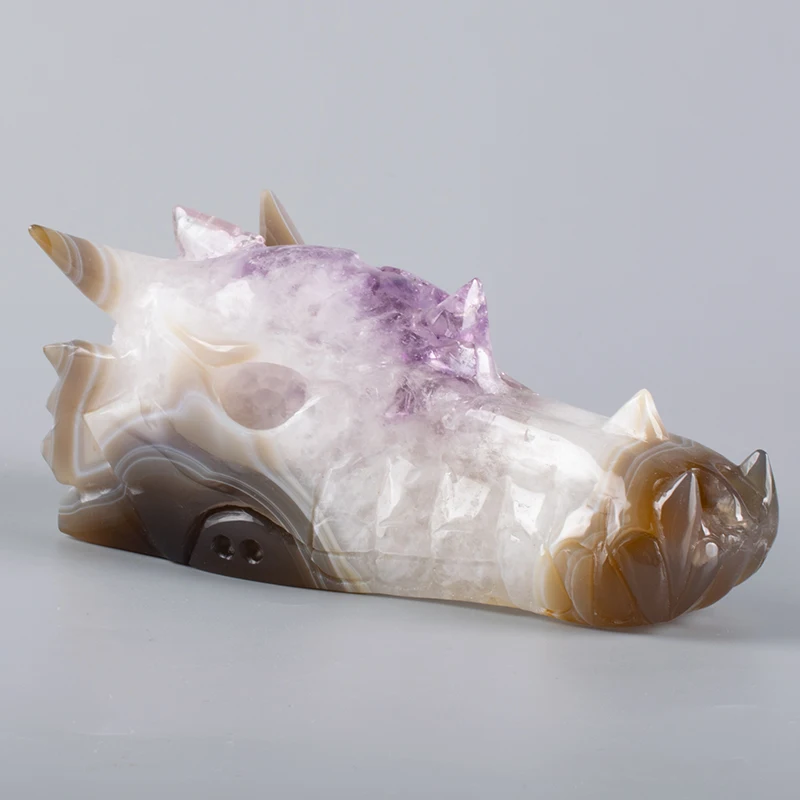 

6 Inch Natural Crystal Agates Dragon Skulls 603g Head Figurine Skull Carved Statue Healing Carving Natural Stone Feng Shui Decor