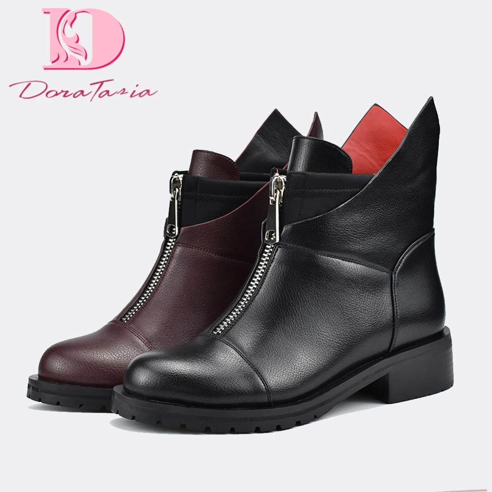

Doratasia brand new Fashion pu leather Ankle Boots Comfort chucky Heels Women Boots Winter Plush plus size 42 front zipper boots