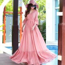 Осень Макси Платья 2/3 Flare Рукавом Оборками Подол Розовый Твердые Плиссированные Длиной до пола Плюс Размер XXXL Женщины Длинные Платье партии