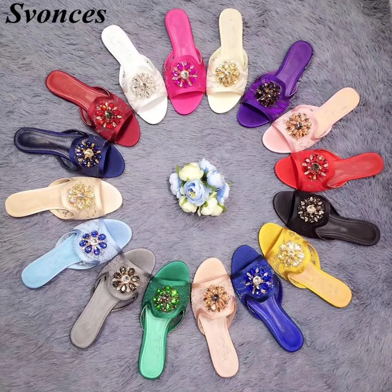 

Svonces Runway Street Fashion Women Flat Sandals Outdoor Slipper Retro Floral Rhinestone Slip On Sandal Lace Mules Slides Summer