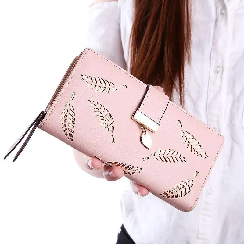 

2018 new Korean ladies purse long fashion hand bag hollow leaves zipper buckle wallet card bag