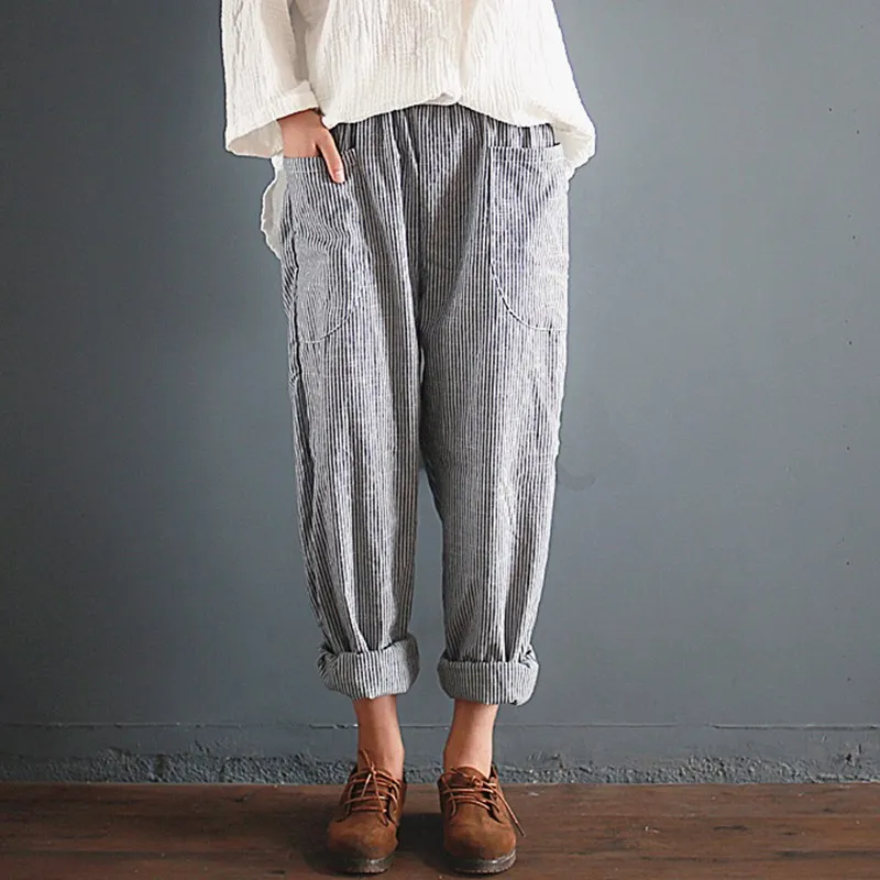 

2019 Oversized ZANZEA Trousers Women Elastic Waist Pockets Long Harem Pants Casual Retro Cotton Linen Striped Turnip Pantalon