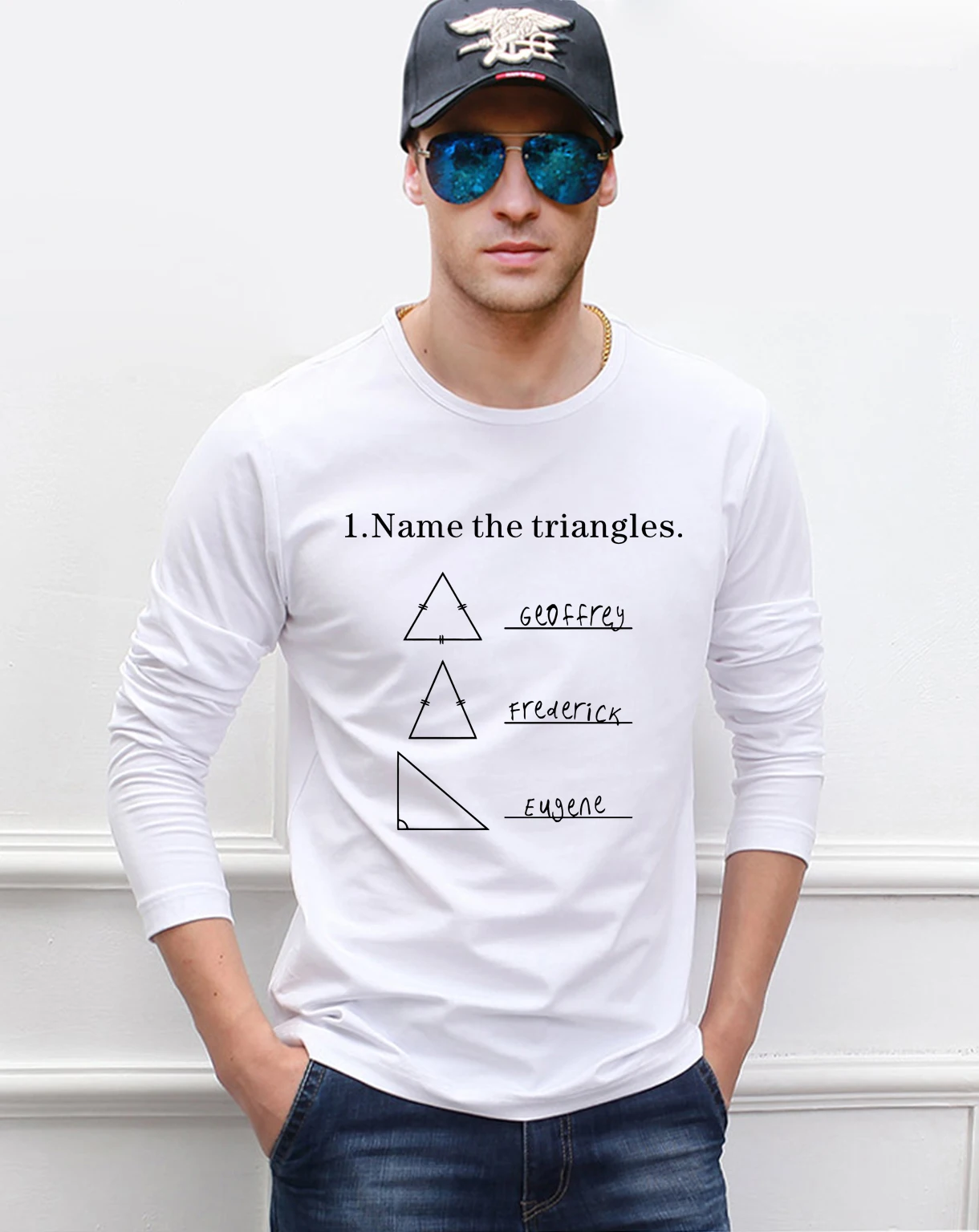 

Adult funny man t shirt Name The Triangles print men's long sleeve T-shirts 2019 new spring cotton casual hip hop men top tees