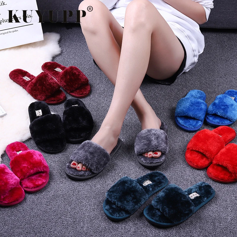 

Comfortable Women Sexy Casual Winter Slippers With Fur Outside Solid Fashion Shoes Ladies Soft Cotton Slippers Wine Red KBT1112