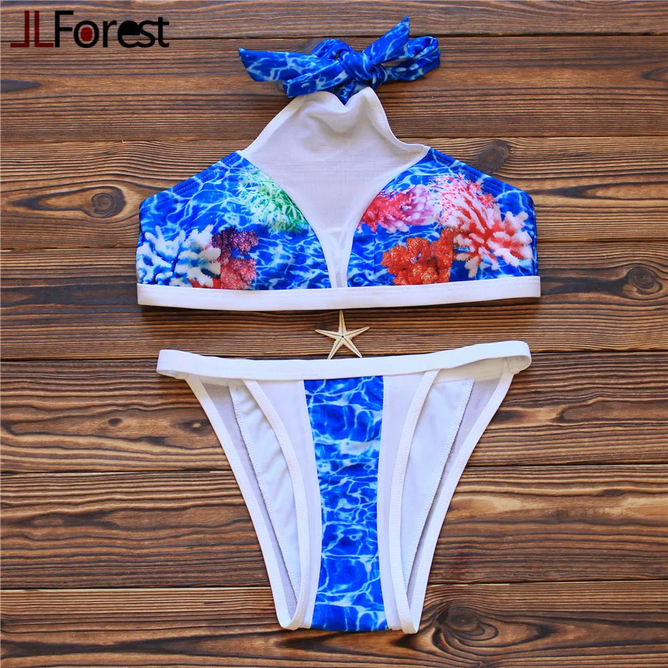 

JLFOREST Blue Ocean Printed Bikini Sexy Mesh Patchwork Swimsuit Women Crop Halter Swimwear Summer Bathing Suit Brazilian biquini