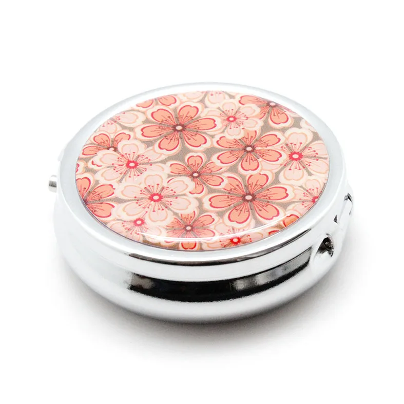 1PCS Portable Metal Round Flower Print Organizer Cute Compartment Pill Case Divid Storage Tablet Container Medicine Box