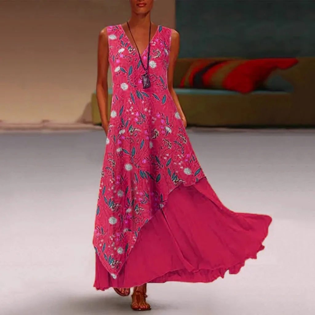 Plus Size Women Vintage V Neck Splicing Floral Printed Sleeveless Maxi Dress dresses woman party night dresses woman sundress