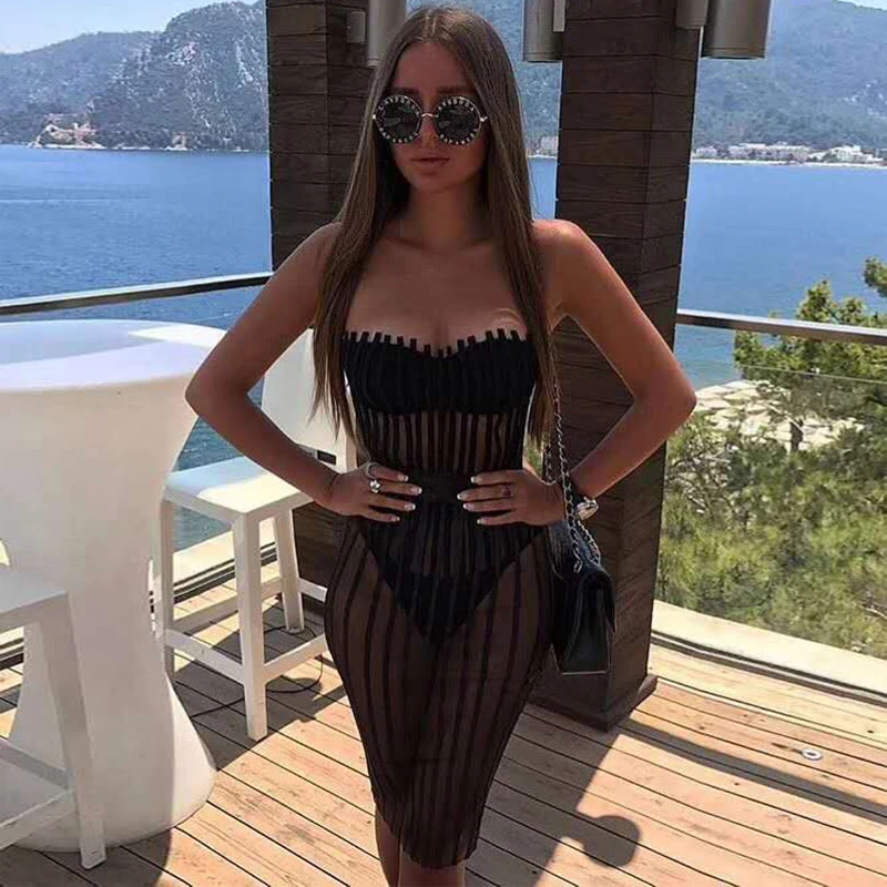 

New Style Fashion Black PU Leather Dress Women Strapless See Through Sexy Dress Summer Evening Party Dresses Vestidos Wholesale