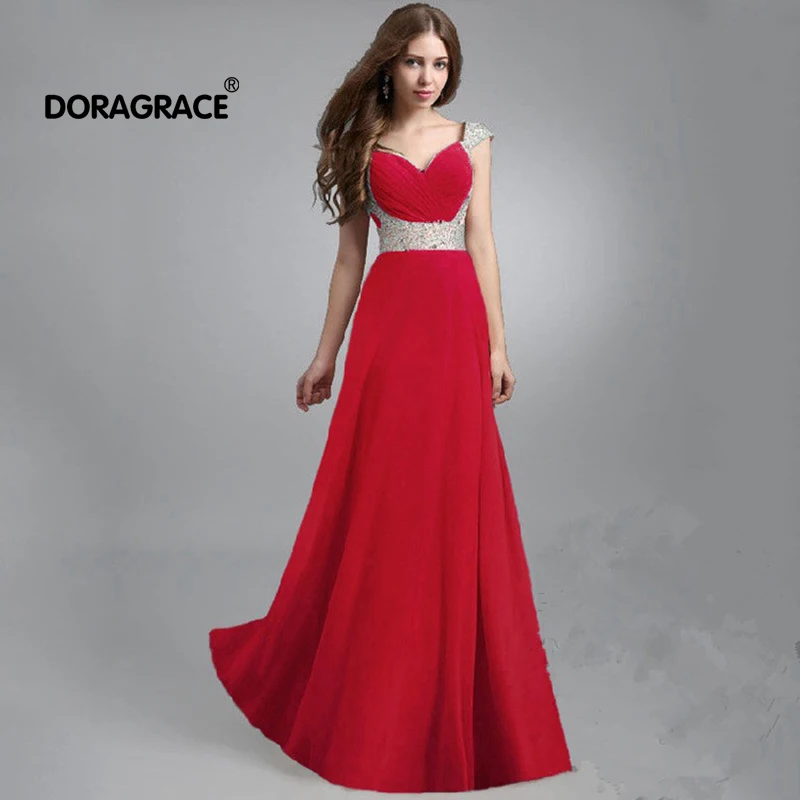 

Doragrace robe de soiree A-Line Sleeveless Beaded Chiffon Long Evening Dress