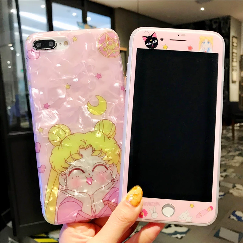 

For iphone XS max XR X sailor Moon Coach case + Glass Screen film For iPhone 8plus 7 8 6 plus 6S pink Cover + glass flim