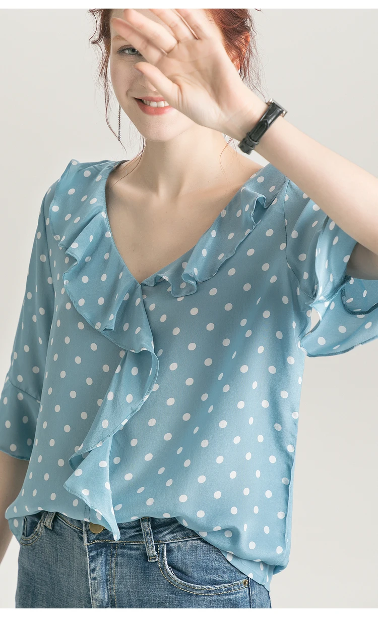 Женская блузка, натуральный шелк, креп, синий горошек, с принтом, блузка, рубашка, половина рукава, Бабочка, v-образный вырез, блузки,, летняя рубашка