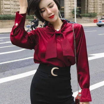 

2020 Autumn Long Sleeve Bow Tie Satin Shirts Women Fashion Bow Tie Satin Blouses Lady Autumn Long Sleeve Bow Tie Satin Tops