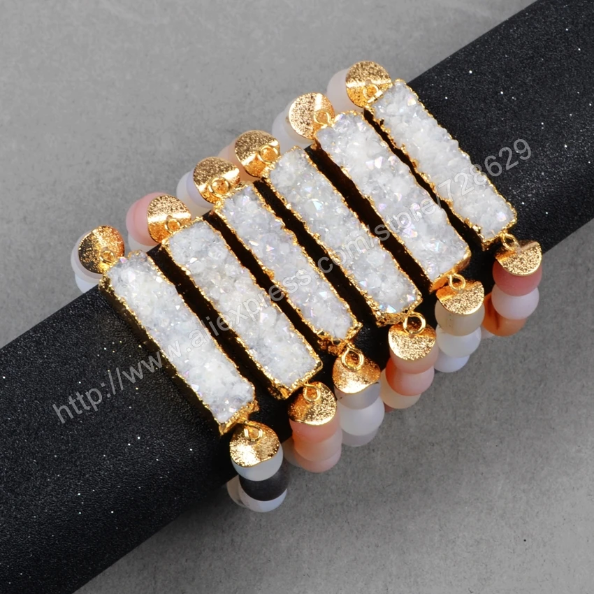 

NEW! 5Pcs/lot Gold Color Natural Rectangle Titanium Gems Druzy Bracelet With 10mm GoldNatural Rainbow Frosted Gems Beads G0608