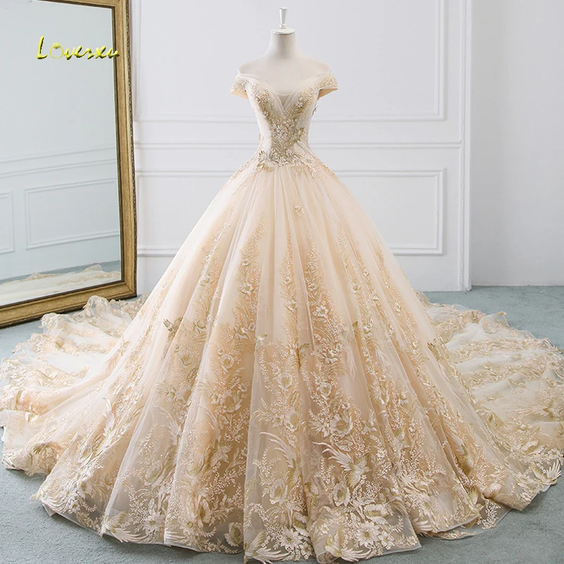 Loverxu Vestido De Noiva кружевное бальное платье Свадебные платья Роскошные лодочные шеи Королевский поезд аппликации бисером винтажное свадебное платье