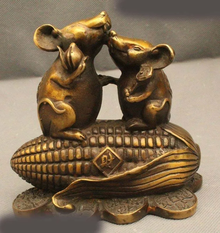 

6" Chinese Folk Feng Shui Copper Two Zodiac Year Mouse Corn Peach Ru Yi Statue