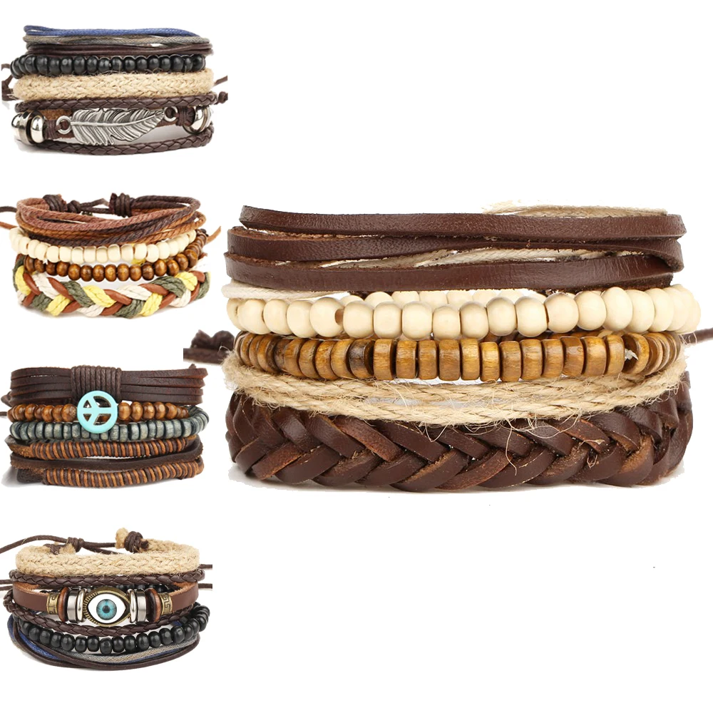 Multilayer  Rock Leather Bracelet Men Jewelry Wood Bead Bracelets For Women Vintage Bracelets & Bangles Gift Vintage1Set