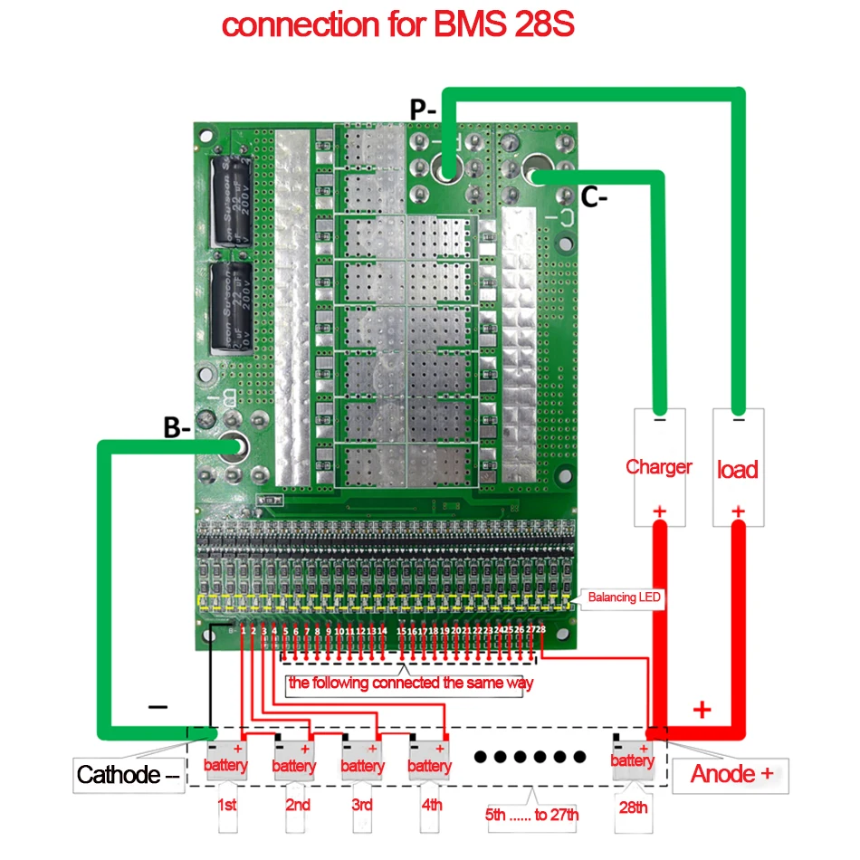 6S до 28S 100A BMS Регулируемый 89,6 V с балансировкой для электромобиля PCM 18650 Аккумулятор литиевый баланс зарядная плата