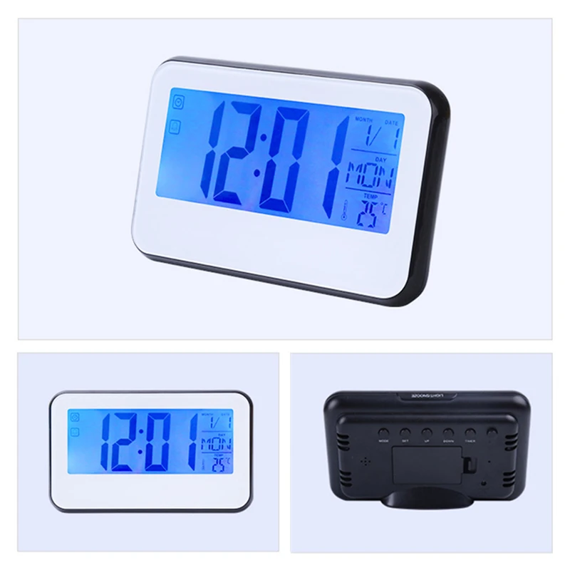 Voice Control Back-light LCD Alarm Clock Weather Monitor Calendar Decor Desktop Table Clock With Timer Sound Sensor Temperature