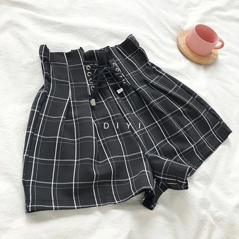 CamKemsey Japanese Harajuku Retro Plaid Summer Shorts Women 2019 Fashion Lace Up High Waist Wide Leg Shorts Girls Hot Shorts 2