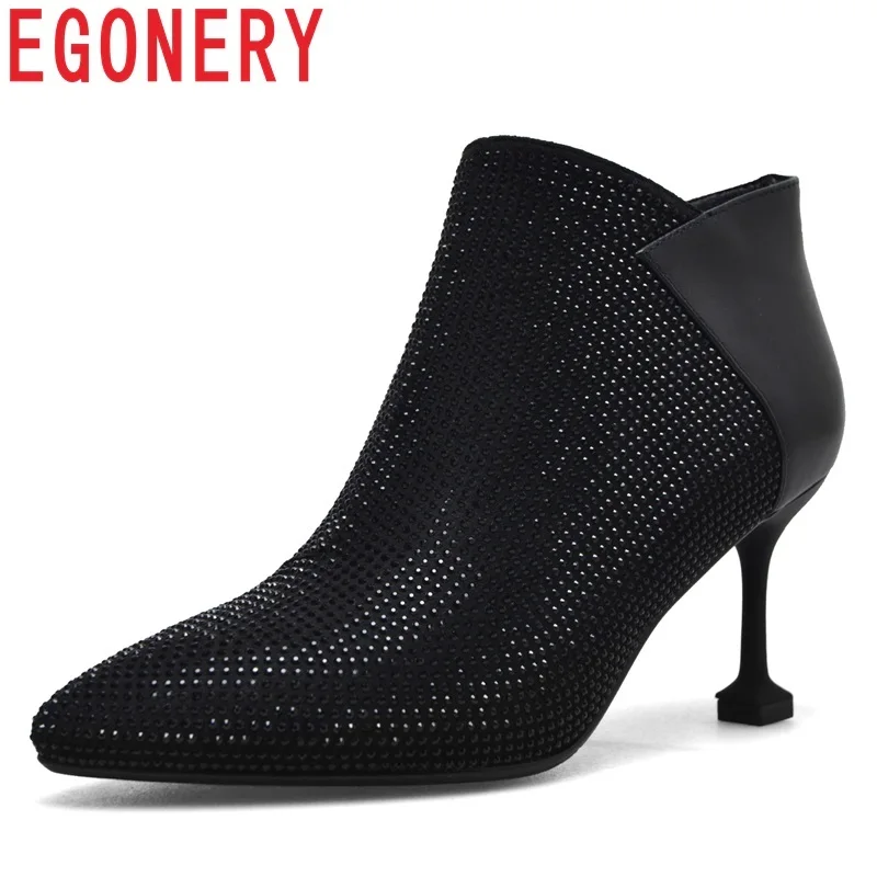 

EGONERY 2018 newest women shoes pointed toe high thin heelszipper cow suede crystal winter plush warm outside warm ankle boots