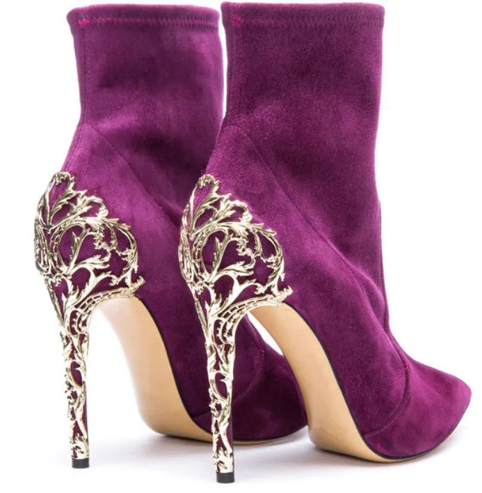 

Amaranth suede beautiful ankle boots for woman in Autumn/Spring pointed toe high thin special heel back metal cut-out boots