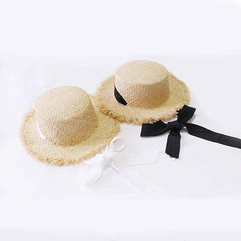 Новинка, летние Панамы ручной работы, шляпы для женщин с широкими большими полями, пляжные шляпы от солнца с модным длинным ленточным козырьком, соломенная шляпа из рафии