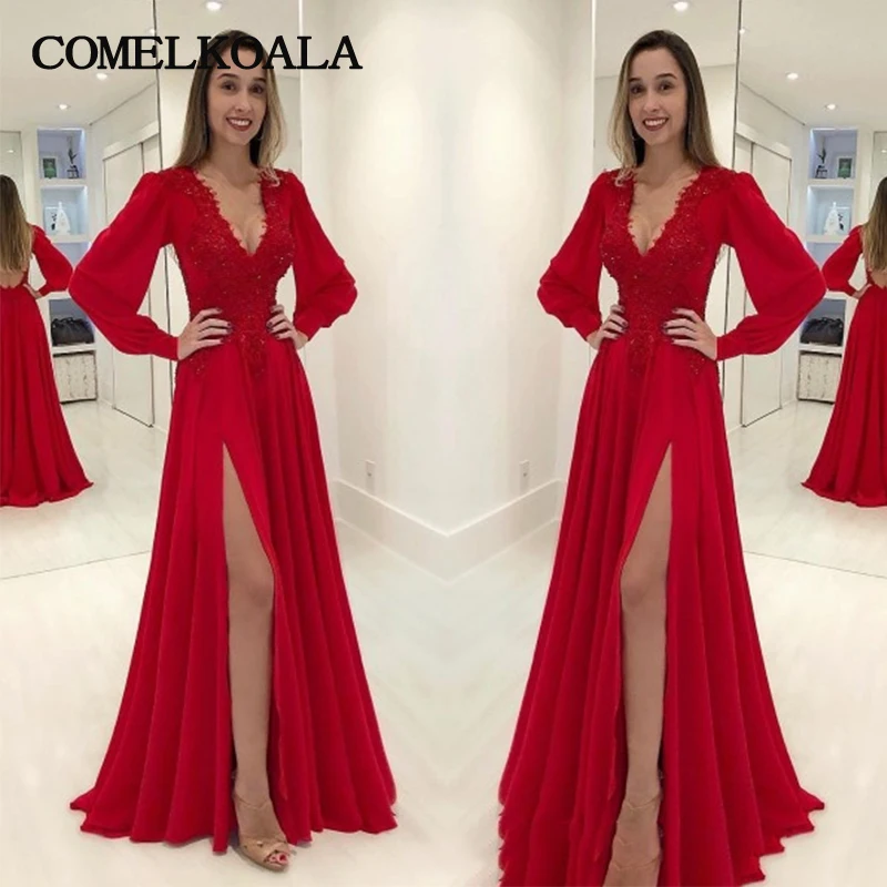Elegant Red Prom Dress Plus Size Long Sleeves Appliques Beaded