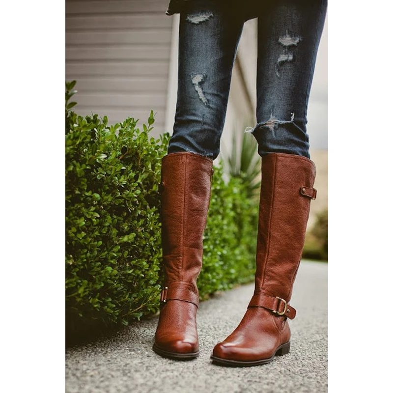 

Fashion Women Boots Lace-Up Riding Motorcycle Boots Low Heel Knee High Boots Buckle Side Zipper Female Boots Botas Brown 43