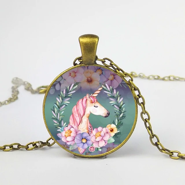 Cute Pink Unicorn Glass Cabochon Pendant Necklace Gifts