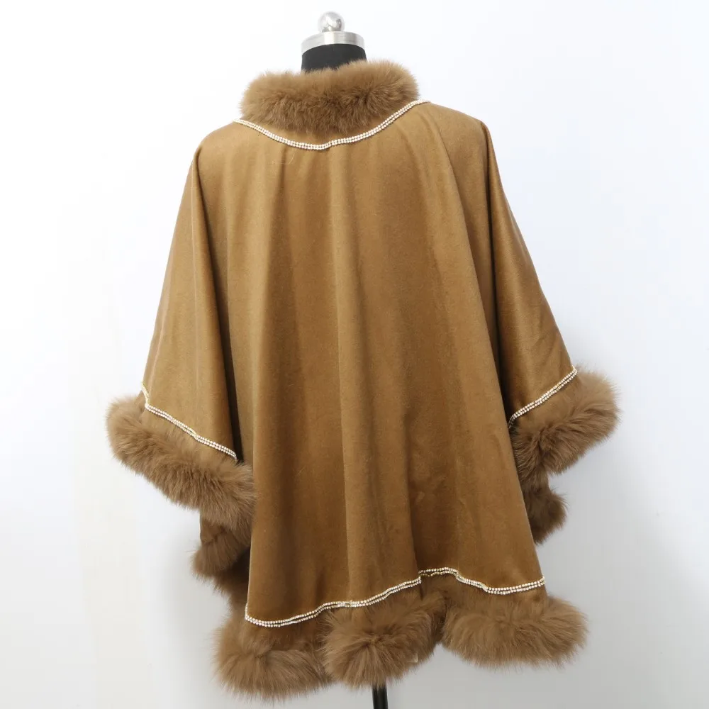 Заводская цена реальные бренд Fox Fur Trim Длинные Стиль Кашемир шаль с бриллиантами для женщин