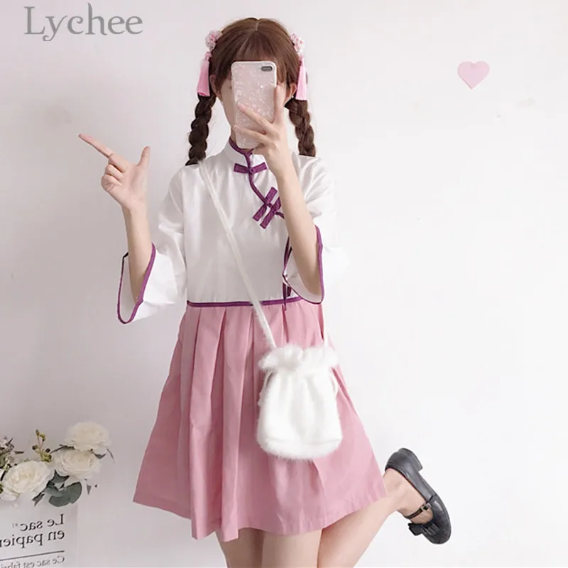 Личи Harajuku Cheongsam хит разноцветное платье с рукавом Три четверти воротником