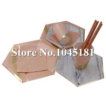 ipalmay Pink and Gold Hexagon Large Party Plates & Small Marble Paper Cups Confetti Dinner Napkins for Birthday Showers