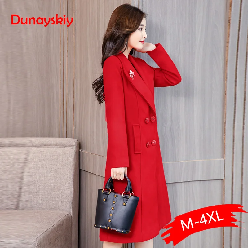

Women Long Woolen Coat Fashion Autumn Witer Warm Outerwear Over-knee Coat Slim Red Tide Double Breasted Pocket M-4XL Plus Size