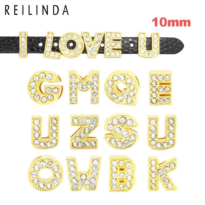 

Wholesale 10pcs/pack 10mm Gold Rhinestones Slide Charm Bracelet Letters For DIY Necklace Keychain And Dog Collar