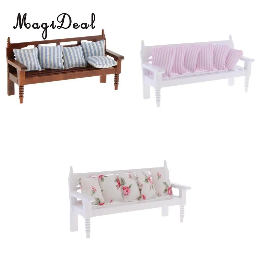 1/12 Dollhouse Miniature Furniture Living Room Long Chair Roses Cushions Set for Dolls Accessory Decoration Pretend Play Toy