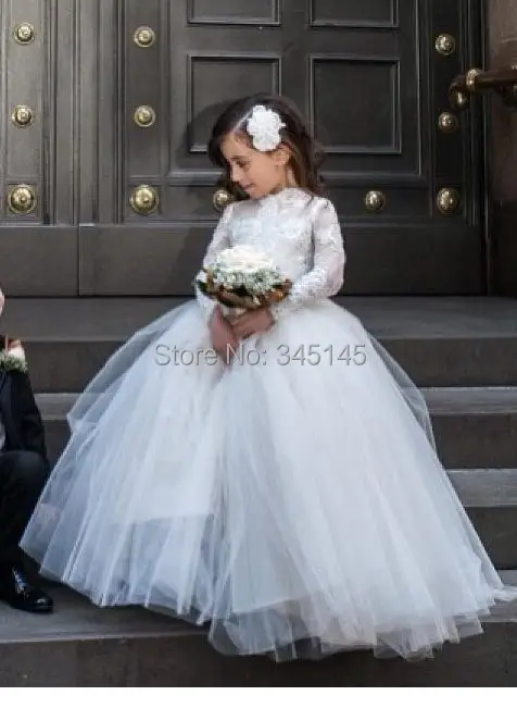 Принцесса маленькие детские платья с прозрачными длинными рукавами высокая шея паффи бальное платье первое причастие платья