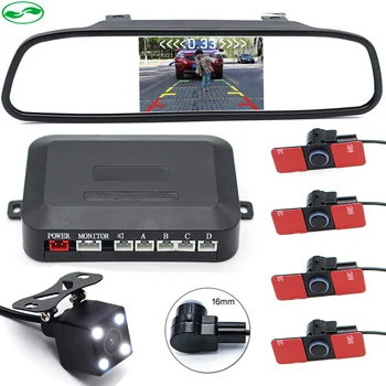 

3in1 Car Video Reverse Parking Sensor 16MM Flat Sensors Connect Rear View Camera Display Distance on 4.3" Car Mirror Monitor