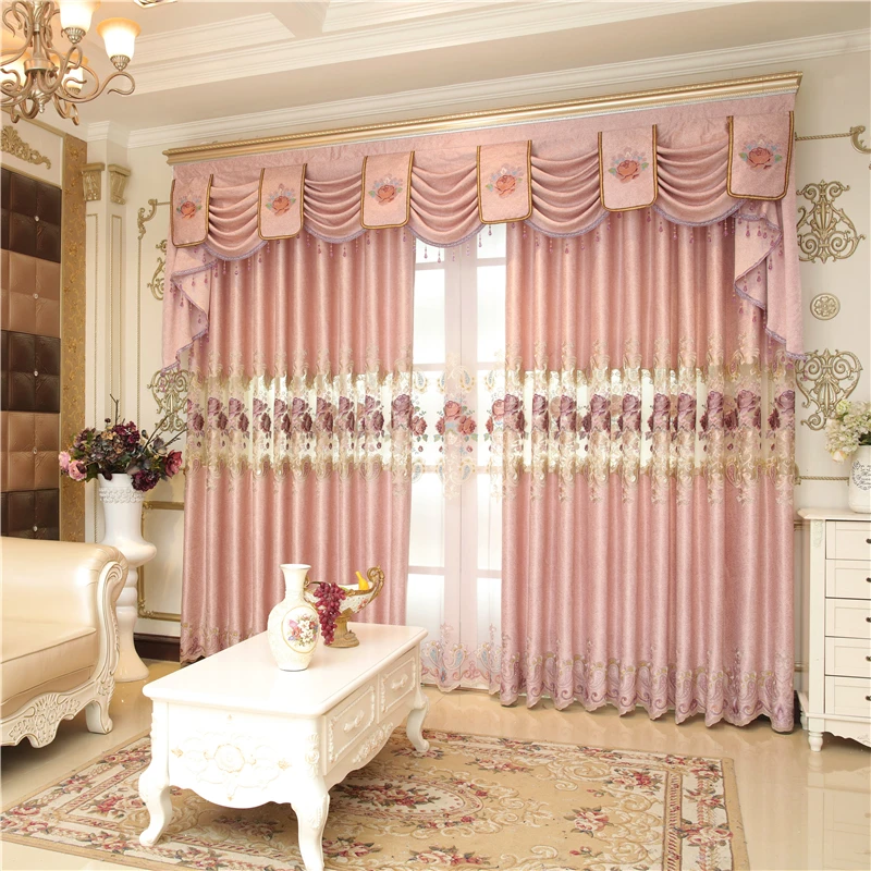 

European Pink Luxury Villa Embroidered Curtain Fabric for The Living Room with High-grade Embroidery Voile Curtain for Bedroom
